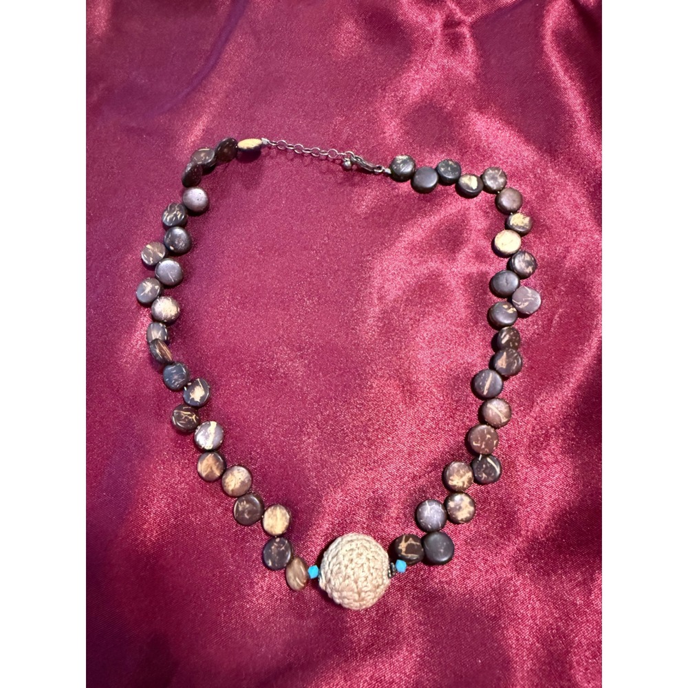 Handmade Coconut Shell Disc Necklace Crocheted Bead Turquoise Accents Boho Brown